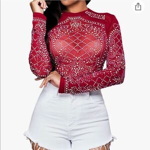 Women's Sheer Studded Red Blouse
